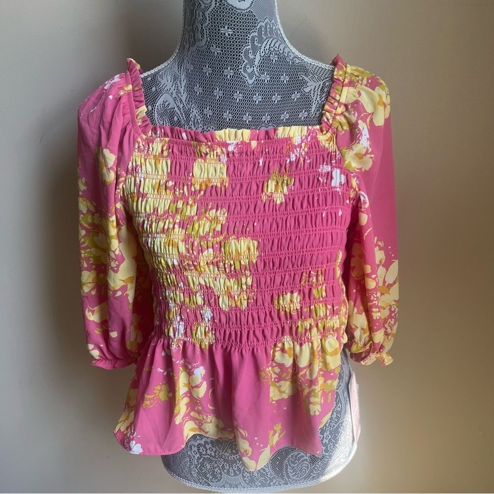 Nanette by Nanette Lepore Pink smocked peplum top Sz Small NWT